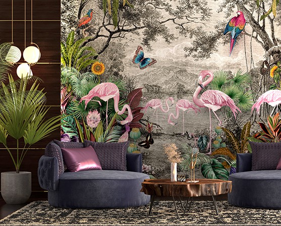 Hotel chique behang jungle tafereel art deco interieur eclectische woonstijl boutique hotel stijl chique velours fauteuil